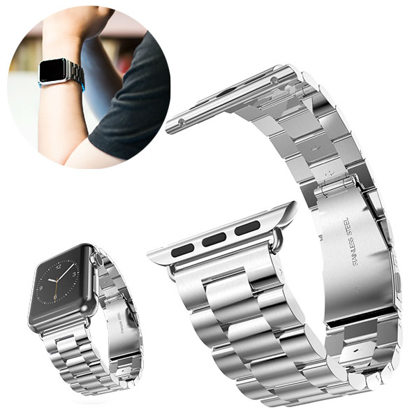 Stainless Steel Link Bracelet Watch Band with Folding Safety Clasp for Apple Watch 38/40/42/44mm, with Connector, Silver