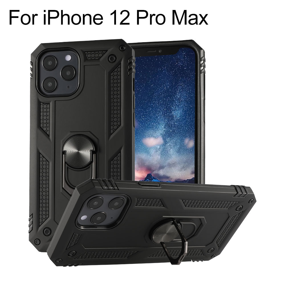Drop Resistant Armor PC&TPU Case with Finger Grip Ring Holder & Metal Sheet for iPhone 12 Pro Max (6.7"), 5pcs