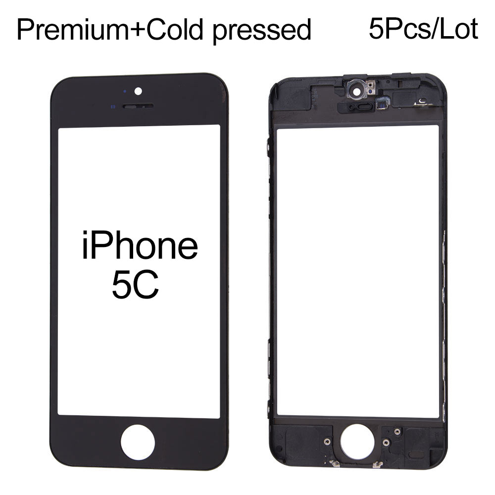 For iPhone 5C Front Glass+Frame+Dustproof Earspeaker Mesh+Front Camera Cover+Light Sensor Holder , Premium quality, Cold Pressed, 5pcs