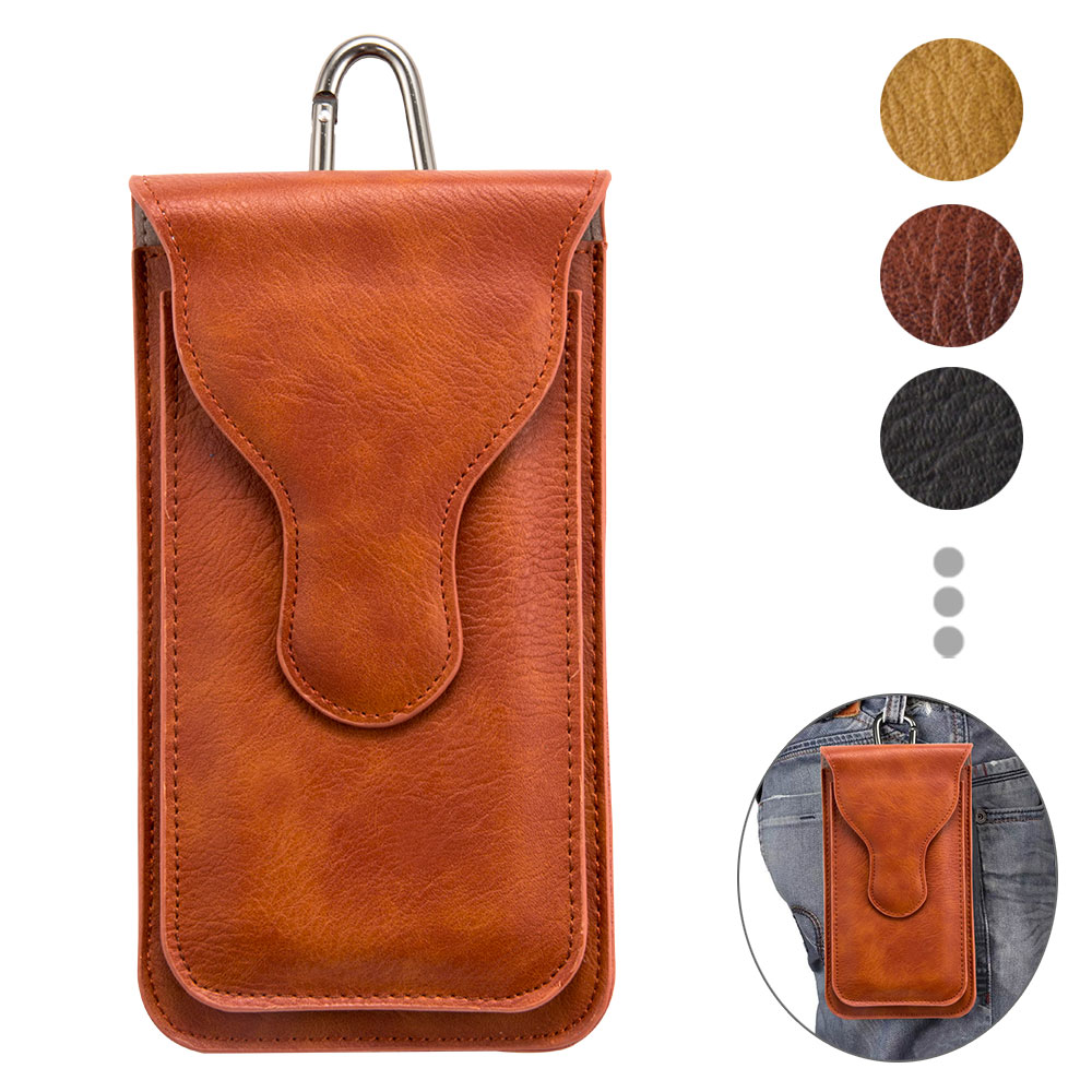 Magnetic Leather Waist Bag with 2 Pockets & Carabiner for 5.5" Phones